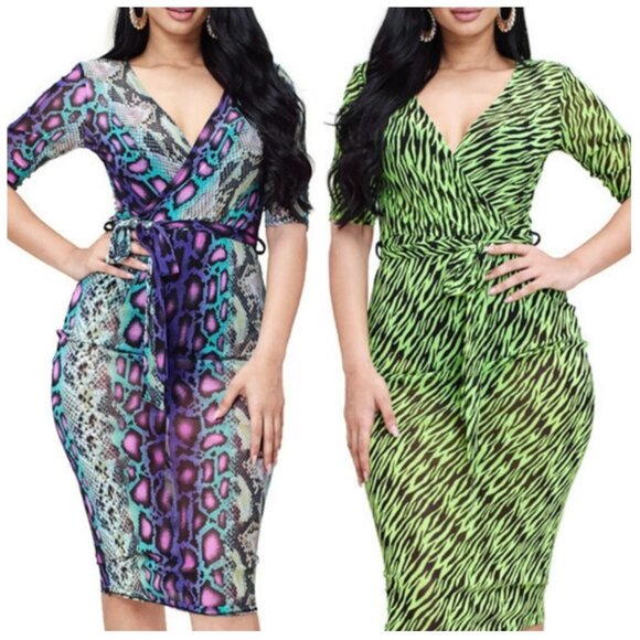 Elosie Lime Green Black Animal Print Sheer Vneck Midi Dress - Picture 3 of 4